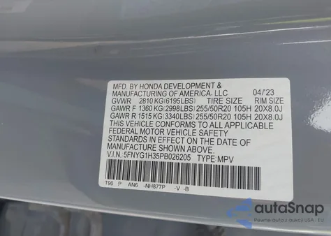 2023 Honda Pilot Awd Sport z USA, uszkodzony, nr VIN 5FNYG1H35PB026205